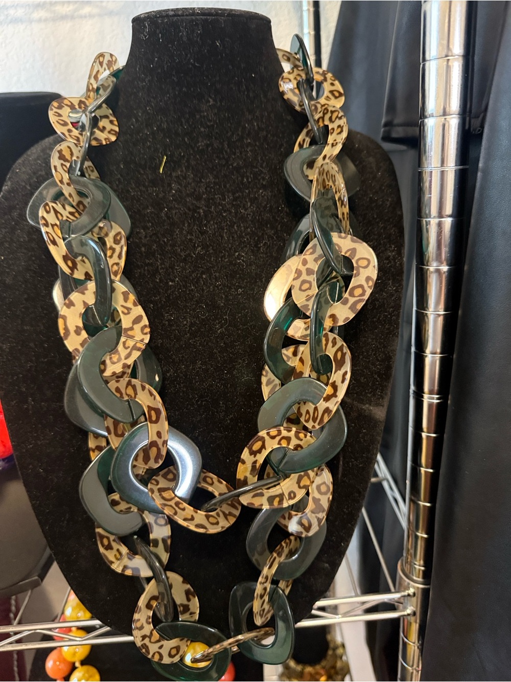 Sassy Jones Leopard Print and Deep Green Resin Link Necklace